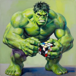 abstract painting of The Incredible Hulk finishing a Rubik's cube