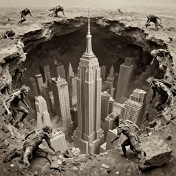 a photograph of on Ancient otherworldly beings coming from under the earth and creating sink holes in new york city. Giant Ney York city sink hole engulfs entire city, City collapses in Sink Hole. crazy. wild. insane. realistic. satanic. dark. gloom. crazy. wow. imagine that. can you imagine that?. thank you. realistic. real. photography. photograph. historic photograph. 8k