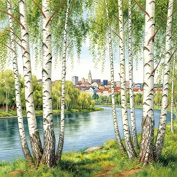 umea city, birch trees, river, illustration, intricate, hyper - detailed, concept art, smooth, sharp focus, ray tracing, vibrant, photorealistic, by jessica rossier