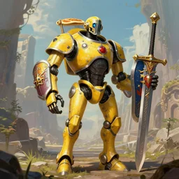 tall strong yellow pit droid holding large paladin medieval shield!!! and a long medieval engraved powerful great sword, pancake short large head painterly humanoid mecha, beautiful fantasy background by Greg Rutkowski