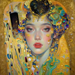 close - up portrait of beautiful girl by irakli nadar with intricate detailed color smashing fluid oil paint, color leaves, melting wax, golden glitter, fluid acrilic, abstract impressionism, ruan jia, fantasy, hyper detailed, concept art, by peter mohrbacher and gustav klimt,