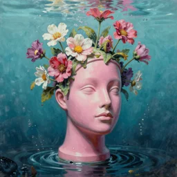 David Friedrich, award winning masterpiece with incredible details, Zhang Kechun, a surreal vaporwave vaporwave vaporwave vaporwave vaporwave painting by Thomas Cole of an old pink mannequin head with flowers growing out, sinking underwater, highly detailed