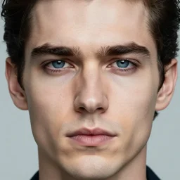 a man with dark hair, blue eyes, cleft chin, pale skin, high cheekbones, strong eyebrows