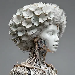 complex 3 d render, hyper detailed ultrasharp beautiful biomechanical mandelbrot fractal steampunk filigree mesh wire female cyborg portrait with a porcelain profile face, albino afro, elegant crown with big hydrangea foliage leaves stems roots, alexander mcqueen haute couture, art nouveau fashion, octane render, 8 k