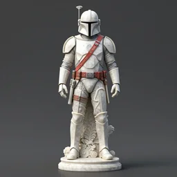 mandalorian statue made of white marble standing, 3 d render, octane render, unreal engine, detailed, dynamic light, beautiful, rococo, accents of red