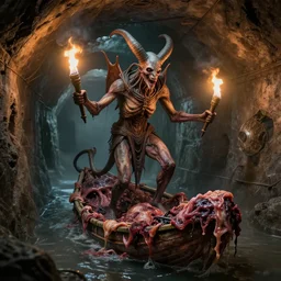airbrush baphomet, sewage tunnels with primitive flotsom, flesh raft, of rotten flesh, syd mead, enric torres, alberto bontempi, hyper realism, narrative light, muted colors, epic, hyper detailed, awe inspiring, award winning horror, torch lighting, hyper realism, cinematical