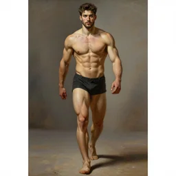 young warrior marching toward the viewer, male, muscular, green eyes!!!!, straight nose!!!!!, beard, detailed face, thighs!!!!! gorgeous, amazing, muscular, intricate, highly detailed, painting by Gaston Bussiere, Craig Mullins
