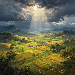 fantasy book cover painting, dramatic shot of a lively landscape in the country, ultradetailed, wallpaper, 4k, prismatic, by Ross Tran