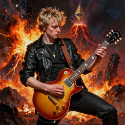 vitalik buterin ( shredding on a gibson les paul, painting by frank frazetta, heavy metal artwork, bad motherfucker vitalik playing an incredible solo while a volcano erupts, high intensity ethereum marketing, 3 d 8 k )
