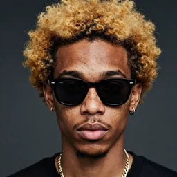 a cool freckle-faced black dude wearing shades with a golden afro by masamune shirow