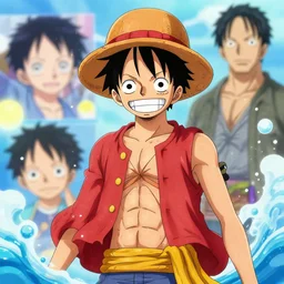 Finn Wolfhard as Luffy from one piece!! Water particles!, background bokeh, Sakimichan, J.C. leyendecker, limited edition art, portrait!