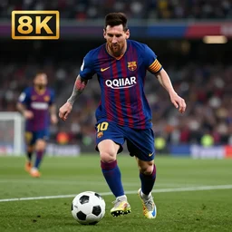 messi, playing soccer, cyberpunk aesthetic, 4 k, high - res, highly - detailed