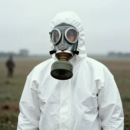 man in a hazmat suit and gasmask in distance, ww1 film photo, grainy, high detail, high resolution