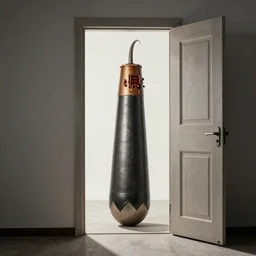 an atomic bomb on top of a door half open