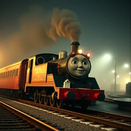 cinematic shot of thomas the train as godzilla, 3 5 mm