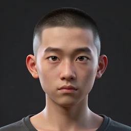 dramatic portrait of chinese boy buzz cut, 3 d render