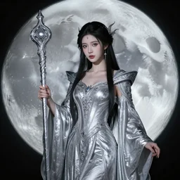 photograph of a real-life beautiful lunar witch with intricate silver robes and staff.  Extremely detailed. 8k