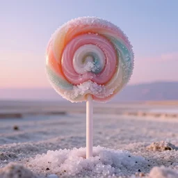 a massive lollipop overgrown with salt crystals in the dead sea, evening, pastel colors, 8 k hd, very detailed, studio lightning, high quality