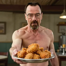 shirtless giancarlo esposito from breaking bad offering fried chicken. ultra-detailed, 8k, octane render