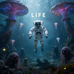 meaning of life, astronaut underwater with jelly fish in a foggy bioluminescent mushroom forest, rainbow fireflies, creepy creatures hiding in long shadows, Donato Giancola, Mark Brooks, Ralph Horsley, Charlie Bowater, Artgerm, Christopher Balaskas, Bastien Lecouffe-Deharme