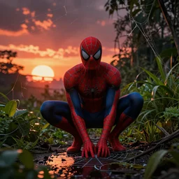 spiderman in webb, surrounded by lush green vegetation, ground - level view, puddles of water, spiderweb, stunning volumetric lighting, sunset, trending on artstation, 8 k, photorealistic, hyper detailed, unreal engine 5, cinematic, epic lighting, cryengine, octane render, cyberpunk, red and orange glow, dark, gloomy