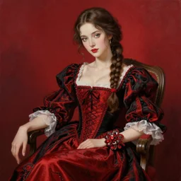 beautiful woman with braided brown hair, wearing an elegant ornate dress, sitting in a chair, highly detailed, painting, red and black color palette, intricate, in the style of greg rutkowski, high quality anime artstyle