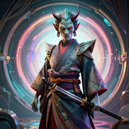 a beautiful 3 d render of a giesha demon wearing a kimono + holding a samurai sword, innovative avant - garde art, deco fashion, photorealistic portrait, a portal to a waporwave dimension, award winning, rule of thirds, volumetric lighting, hyper detailed, octane render
