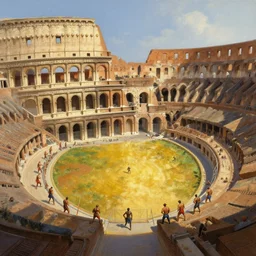 greg manchess oil matte painting, overhead view colosseum, fighters on opposite ends, wonderful masterpiece highly detailed, scifi, beautiful cinematic light deep focus, elegant, digital painting, smooth, sharp focus, golden ratio, dramatic illumination, ultra realistic, 4 k, art by greg rutkowski wlop rossdraws