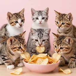 ( ( ( 5 kittens eating chips ) ) )