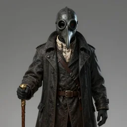 Plague doctor with traditional beak mask and with her cane in hand, artstation trending