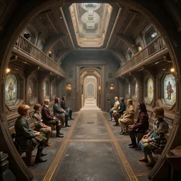 Renaissance spaceship interior, kim jung gi style, Greg Rutkowski, Zabrocki, Karlkka, Jayison Devadas, trending on Artstation, 8K, ultra wide angle, zenith view, pincushion lens effect