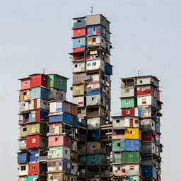interconnected towers made up of colourful makeshift squatter shacks, mamiya, 8 5 mm, f 1. 7, uniform plain sky, digital glitches, photographed by nick knight