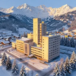 matte painting of winter, brutalism bauhaus szene in bavarian alps, by albert whitlock, amazing details, beautiful composition, vibrant colors, bird eye view, luminescent, warm hue's