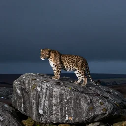 a panther on a granite rock outcrop in dartmoor national park, at night, nighttime, 1 am