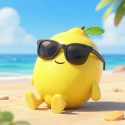 Lemon Character wearing sunglasses relaxing on the beach, 3D render, Pixar Still