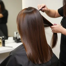 man with shiny and silky long hair gets hair cut by a hair queen, lux