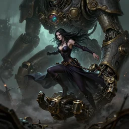 female necromancer stomped by giant mecha hand, steampunk, grimdark, digital illustation, artstation