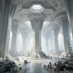 the depths of a vast artificial world with massive towering pillars holding the ceiling of the incredibly geometric, hexagon filled landscape up with machinery dwarfed by the environment and energetic beings patrolling, vibrant and dreamlike coloration, extreme depth, wayne barlowe and salvador dali collaboration, a colossal hovering machine automation of brutalist design visible in the foreground