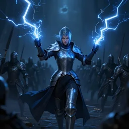 action scene, of a distant shadowy female knight - mage, casting electricity at a large army in the background, symmetrical face, cobalt blue hair, fantasy, medieval, digital art, trending on art station, 8 k resolution, award - winning photo,, highly detailed scene, powerful imagery, vibrant art
