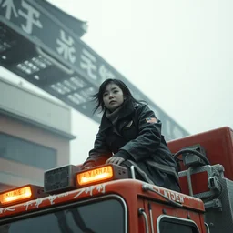 portrait of a korean woman riding on a firetruck by hr giger, greg rutkowski, luis royo and wayne barlowe 8 k