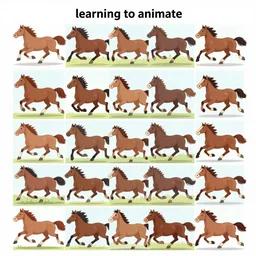 an animation of a horse running frame by frame, separated into equally sized frames, from'learning to animate'