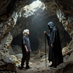 frank frazetta billie eilish as d & d rogue in a grand cave, full body profile camera shot, ultra realistic, epic lighting from above, 3 5 mm