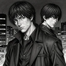 detailed mid shot portrait marco from metal sulg by yusuke murata and masakazu katsura, artstation, highly - detailed, cgsociety, 8 k, hd, pencile and ink, city in the background, dark colors, intricate details
