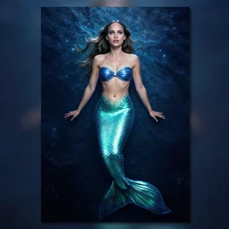 Beautiful Poster of Natalie Portman as a mermaid, full body, cinematic lighting, starlit shining eyes