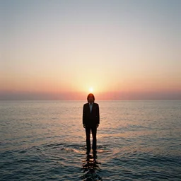 japanese man with long hair in a suit standing in the ocean looking at the camera, wide shot, far away, zoomed out, distance!!!!!!! shot, sunset, album cover, 1980, tatsuro yamashita, ride on time