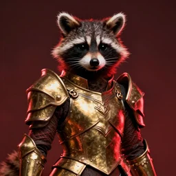 Portrait of a raccoon humanoid wearing heavy armor. Gold armor. Red lighting. Dark fantasy, digital art, HD, detailed.