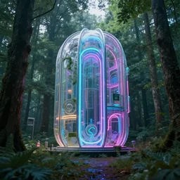 neon glass architecture in a peaceful forest, cyberpunk style science fiction