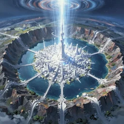 a highly detailed matte painting of futuristic fantasy city built around a crater lake, long winding river, meteor crater, shining white city, aerial photography, ultrawide lens, by dan mumford, yusuke murata, makoto shinkai, ross tran, cosmic, heavenly, god rays, intricate detail, cinematic, 8 k, cel shaded, unreal engine, featured on artstation, pixiv
