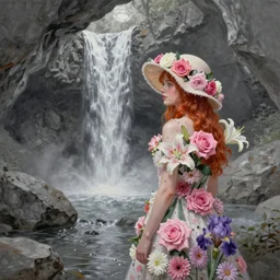 oil painting, gray, pink, contrast, cave with waterfall, rocks, in the distance redheaded girl wearing a hat of flowers and dress of fresh flowers, decorated with flowers, roses, lilies, chrysanthemums, irises, water drops, water jets, overhead light, high quality octane render 4 k, 8 k
