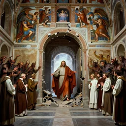 the sistine chapel breaks in half as a portal from hell opens up, lucifer morningster emerges along with hordes of demons, the terrified priests and the pope look at the scene with terror in their eyes. highly detailed painting by gaston bussiere, greg rutkowski, craig mullins 8 k